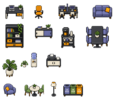 Aperçu des assets gratuits NestWork : bureaux, fauteuils, plantes, rangements et mobilier partagé.