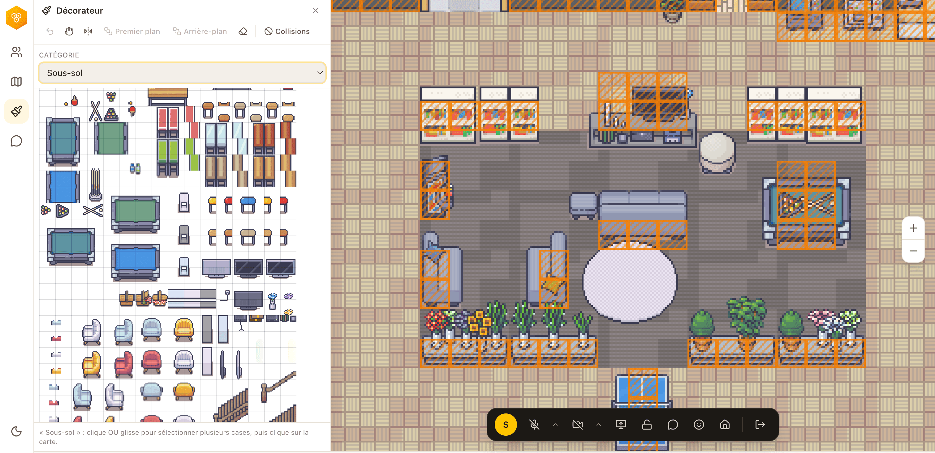 Place floors, walls, furniture and zones from the map editor.